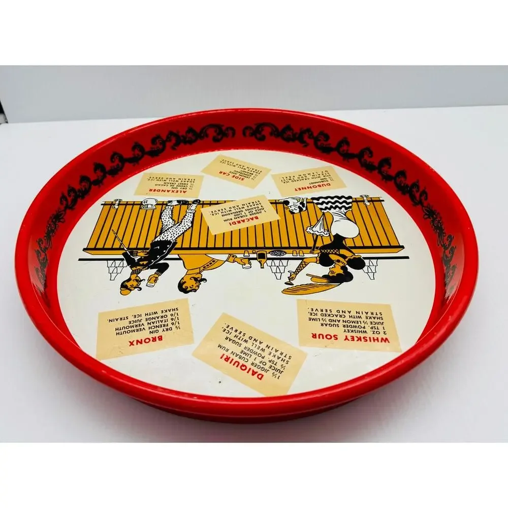 MCM Round Metal Cocktail Serving Tray - Cool Design - Classic Recipes